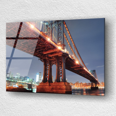 tablou din sticla acrilica Manhattan Bridge cu skyline New York iluminat noapteafff [2]
