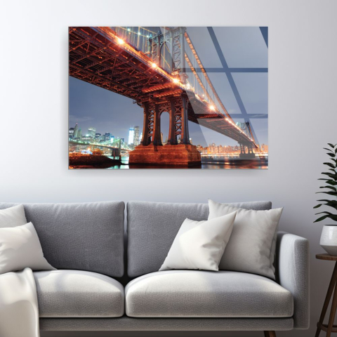 Tablouri cu orase celebre - tablou din sticla acrilica Manhattan Bridge cu skyline New York iluminat noapteafff