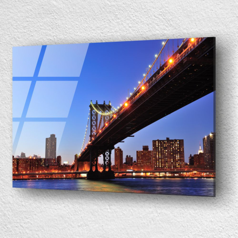 tablou din sticla acrilica Manhattan Bridge New York cu reflexii ale luminilor in apa [2]