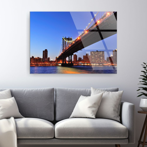 tablou din sticla acrilica Manhattan Bridge New York cu reflexii ale luminilor in apa [1]