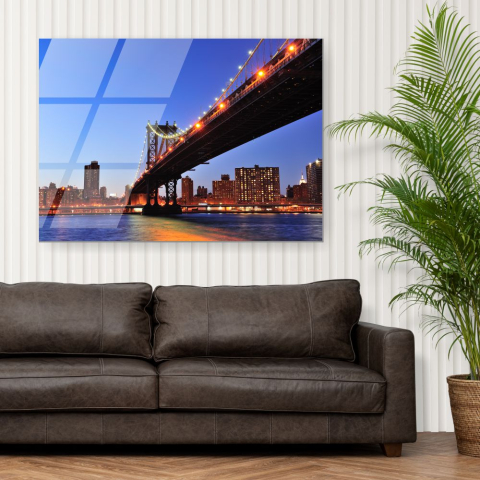 Tablouri cu orase celebre - tablou din sticla acrilica Manhattan Bridge New York cu reflexii ale luminilor in apa