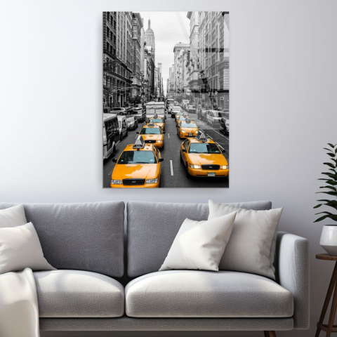 Tablouri din sticla acrilica - tablou din sticla acrilica New York alb negru cu taxiuri galbene Manhattan