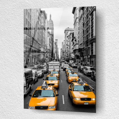 tablou din sticla acrilica New York alb negru cu taxiuri galbene Manhattan [2]