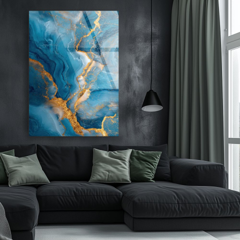 Texturi Abstracte - tablou abstract din sticla acrilica midnight gold flow cu texturi fluide albastre si insertii aurii