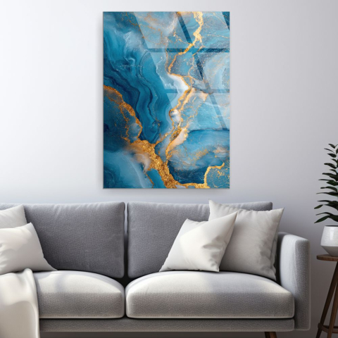tablou abstract din sticla acrilica midnight gold flow cu texturi fluide albastre si insertii aurii [1]