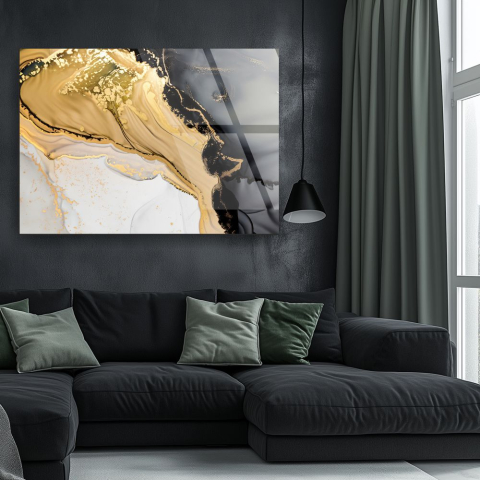 Texturi Abstracte - tablou abstract Molten Gold Contrast pe sticlă acrilică cu flux auriu central