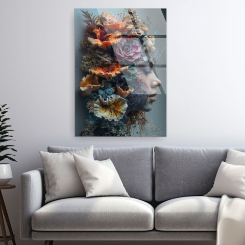Siluete & Portrete Artistice - tablou din sticla acrilica profil feminin in simbioza cu ciuperci, muschi si radacini