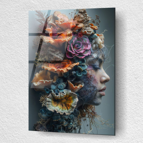 tablou din sticla acrilica profil feminin in simbioza cu ciuperci, muschi si radacini [2]