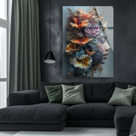 tablou din sticla acrilica profil feminin in simbioza cu ciuperci, muschi si radacini [1]