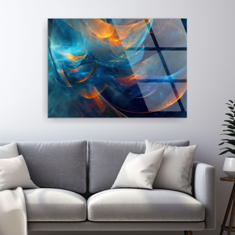 Texturi Abstracte - tablou abstract futurist neon energy vortex din sticla acrilica cu vortexuri de lumina albastru si portocaliu
