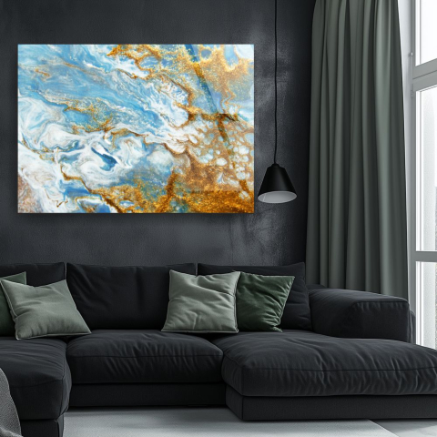 Texturi Abstracte - tablou abstract Oceanic Blue & Gold pe sticlă acrilică cu accente aurii și valuri fluid