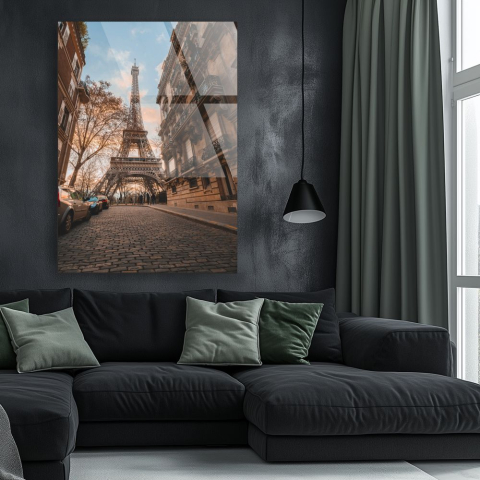 tablou din sticla acrilica Paris Morning cu Eiffel Tower intre cladiri si strada cu piatra cubica [1]