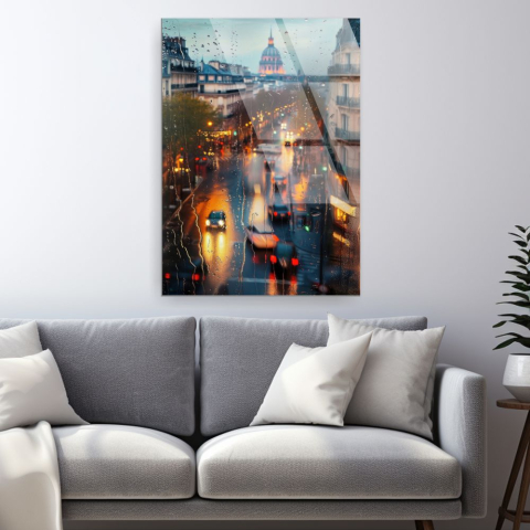 Tablouri cu orase celebre - tablou din sticla acrilica Paris Rain cu Les Invalides si strazi pline de lumini reflectate pe asfaltul ud