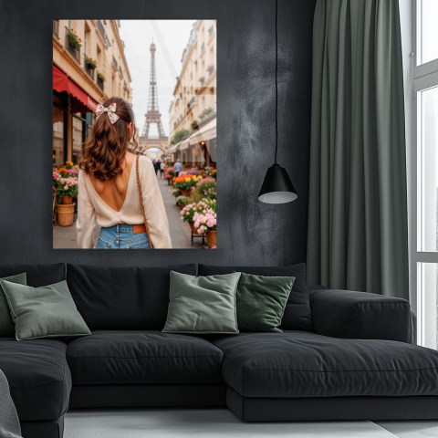 Tablouri cu orase celebre - tablou din sticla acrilica Parisian Stroll cu femeie pe strada si Eiffel Tower