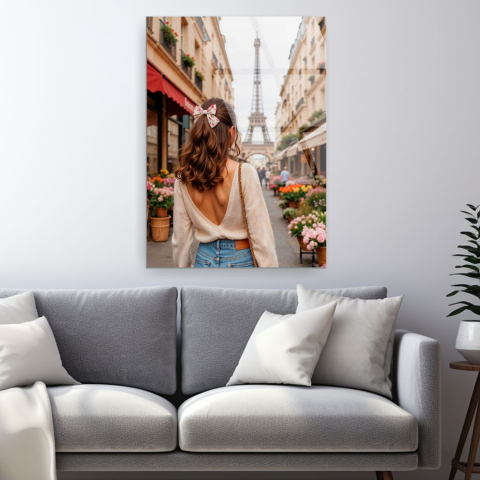 tablou din sticla acrilica Parisian Stroll cu femeie pe strada si Eiffel Tower [1]