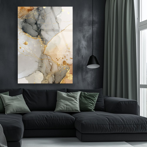 Texturi Abstracte - tablou abstract Silver Latte & Gold Drops pe sticlă acrilică cu picături aurii