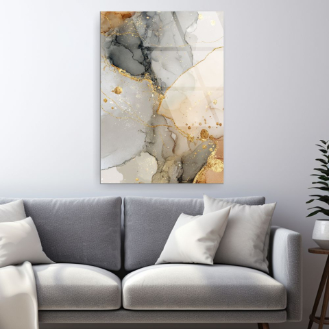 tablou abstract Silver Latte & Gold Drops pe sticlă acrilică cu picături aurii [1]