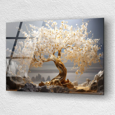 tablou din sticla acrilica Solaria Lumen cu arbore aurit si alb intr-un peisaj stancos [2]