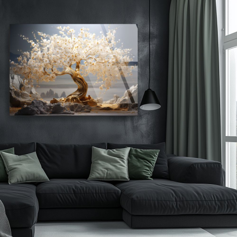 tablou din sticla acrilica Solaria Lumen cu arbore aurit si alb intr-un peisaj stancos [1]