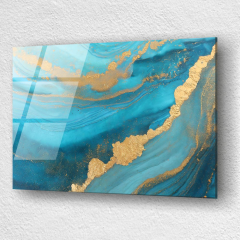 tablou abstract turquoise gold flow din sticla acrilica cu texturi turcoaz si accente aurii [2]