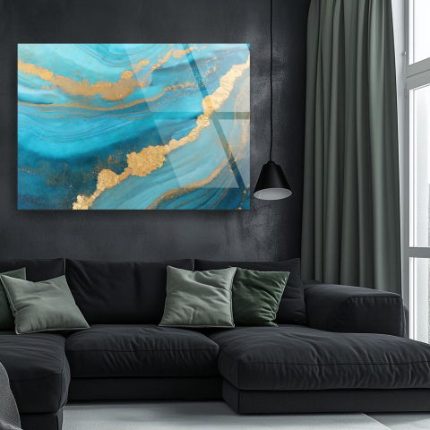 Texturi Abstracte - tablou abstract turquoise gold flow din sticla acrilica cu texturi turcoaz si accente aurii