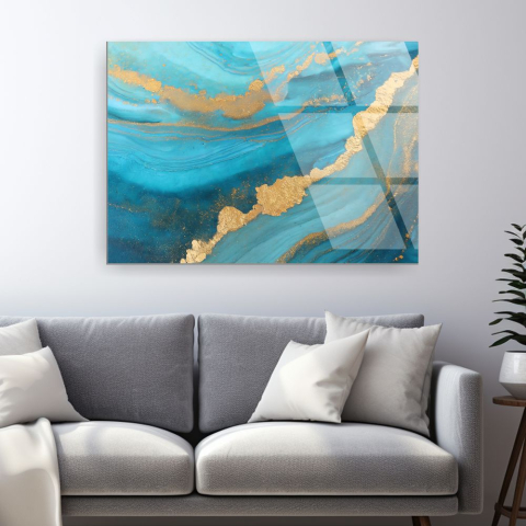 tablou abstract turquoise gold flow din sticla acrilica cu texturi turcoaz si accente aurii [1]