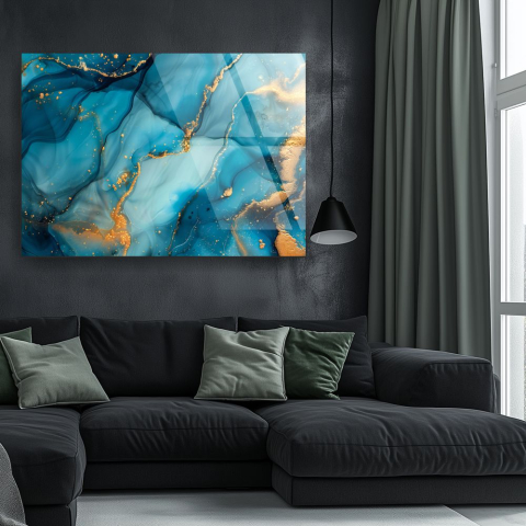 Texturi Abstracte - ablou abstract turquoise gold marble din sticla acrilica cu texturi turcoaz si vene aurii