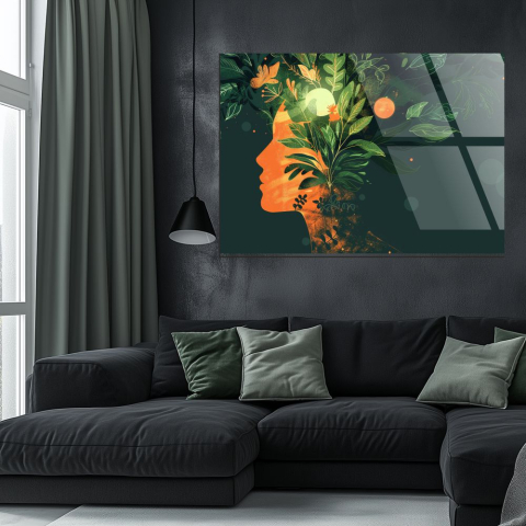 tablou din sticla acrilica profil feminin cu coroana botanica luxurianta si accente cosmice [1]