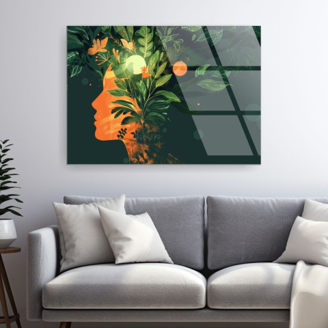 Siluete & Portrete Artistice - tablou din sticla acrilica profil feminin cu coroana botanica luxurianta si accente cosmice