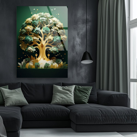 tablou din sticla acrilica Viridia Aurea cu copac aur-verde si fundal emerald mat [1]