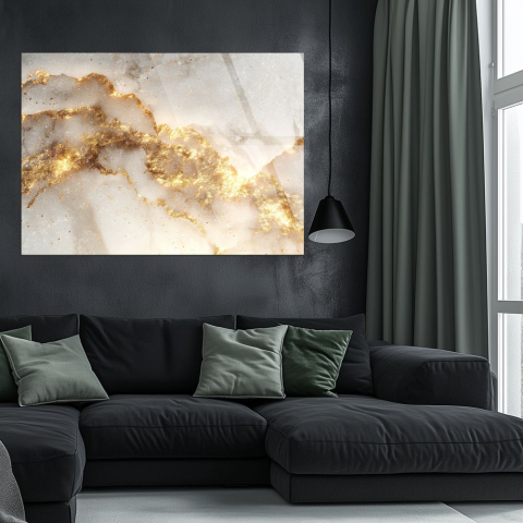 Texturi Abstracte - tablou abstract marmură albă cu venă aurie pe sticlă acrilică