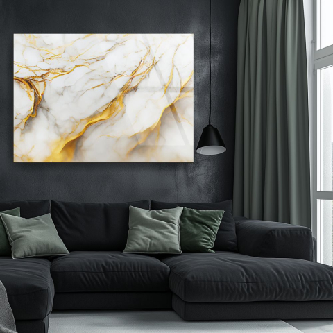 Texturi Abstracte - tablou abstract White Marble & Liquid Gold pe sticlă acrilică cu venaturi aurii