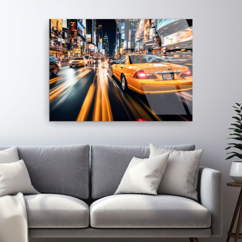 Tablouri cu orase celebre - tablou din sticla acrilica yellow cab New York cu efect de miscare