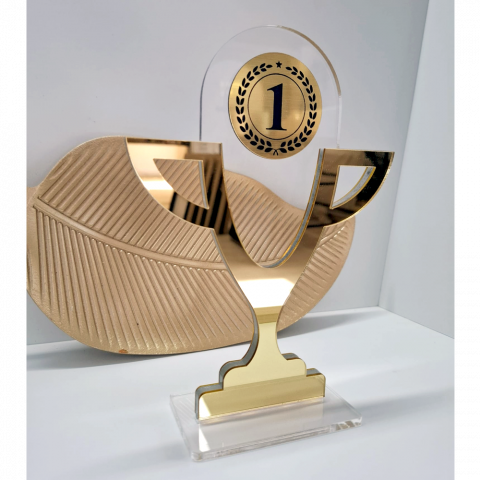 Trofee - Trofeu cupă din plexiglas transparent cu elemente aurii – premiu personalizat elegant pentru competiții și evenimente