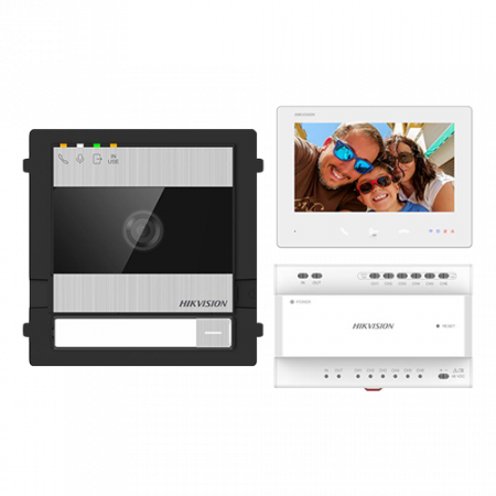 Kituri interfoane - KIT videointerfon 2 fire pentru 1 familie, monitor 7 inch, Alarma, IK08, Card 32GB - HIKVISION DS-KIS704EY-SS