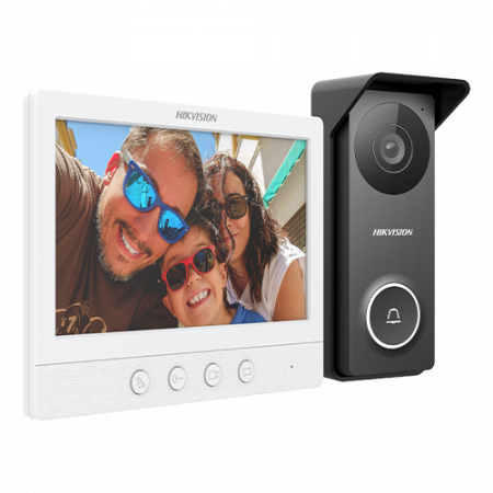 Kituri interfoane - Kit videointerfon analogic, ecran 7', conectare 4 fire pentru 1 familie, IR, IK08 - HIKVISION DS-KIS213