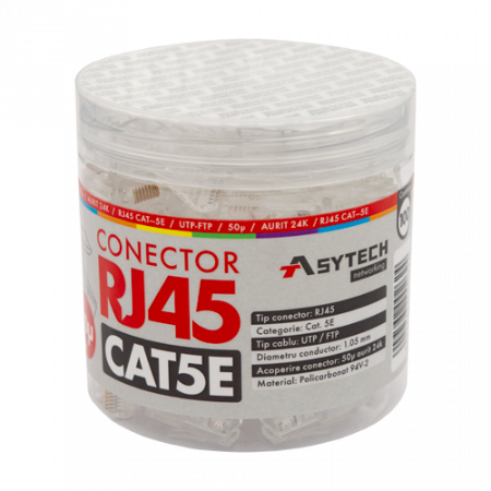 Conectica LAN RJ si FO - Mufa RJ-45 UTP Cat.5e, 50Âµ (100 buc) RJ45-CAT5E-50U-JAR