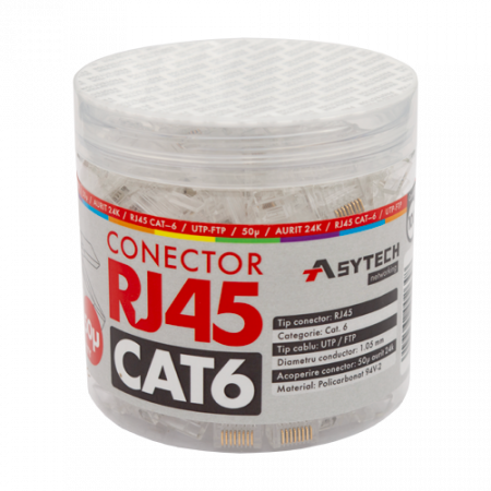 Conectica LAN RJ si FO - Mufa RJ-45 UTP Cat.6, 50Âµ (100 buc) RJ45-CAT6-50U-JAR