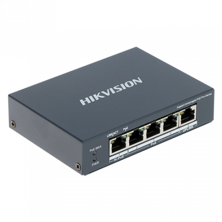Switch-uri PoE - Switch 4 porturi PoE Gigabit, 1 port Hi-PoE, 1 port uplink 1G - HIKVISION DS-3E0505HP-E