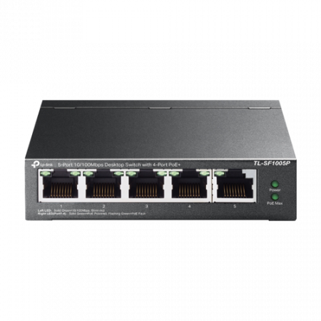 Switch-uri PoE - Switch 4 porturi RJ45 10/100 Mbps PoE, 1 port RJ45 10/100 Mbps, Buget PoE 67W, Unmanaged - TP-Link TL-SF1005P