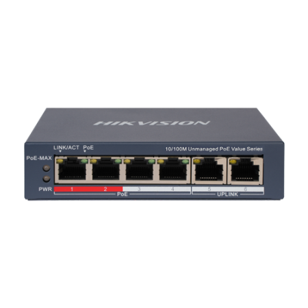 Switch-uri PoE - Switch 4 x RJ45 10/100 Mbps PoE, 2 x RJ45 10/100 Mbps, Unmanaged - HIKVISION DS-3E0106P-E-M