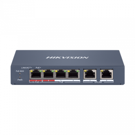 Switch-uri PoE - Switch 4 x RJ45 100 Mbps PoE at/af/bt, 2 x RJ45 100 Mbps Uplink, Management - HIKVISION DS-3E1106HP-EI
