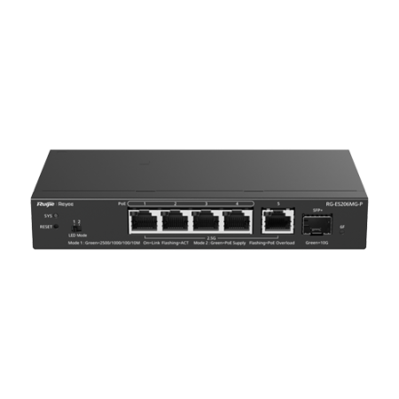 Switch-uri PoE - Switch 4 x RJ45 2.5G PoE, 1 x SFP+ 10G, 1 x RJ45 2.5G, Cloud Management - Ruijie Reyee RG-ES206MG-P