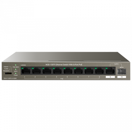 Switch-uri PoE - Switch 8 porturi Gigabit PoE, 1 port Uplink Gigabit, 1 port SFP Uplink Gigabit - Tenda TND-TEG1110PF-8-102W