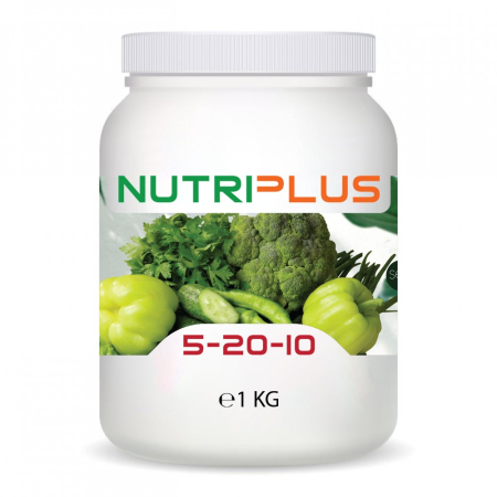 Fertilizant - Ingrasamant premium granulat complex pentru legume verzi si plante aromatice, tip NPK, NutriPlus 5-20-10 + 3% K2O + 16% SO3 + 1% Fe, 1 Kg