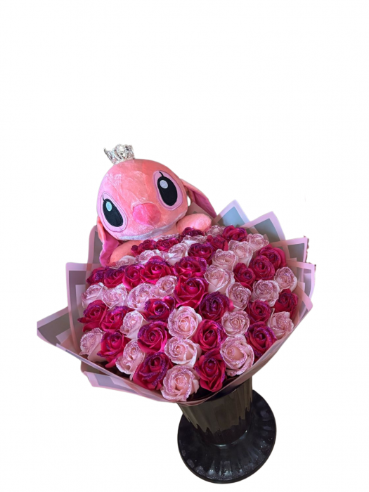 Buchet 51 trandafiri din sapun ciclam si roz deschis cu sclipici [1]