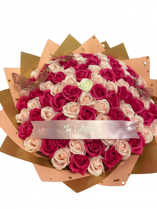 Buchet 101 trandafiri din sapun ciclam,roz deschis si alb [1]