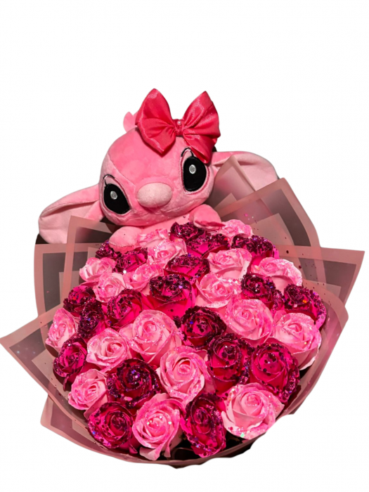 Buchet cu 37 de trandafiri de sapun ciclam si roz deschis cu sclipici [1]