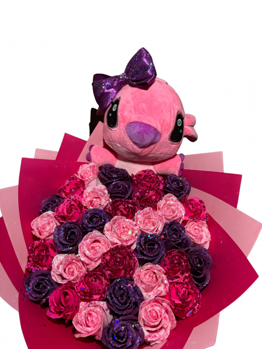 Buchet cu 37 de trandafiri de sapun ciclam,roz deschis si mov [1]