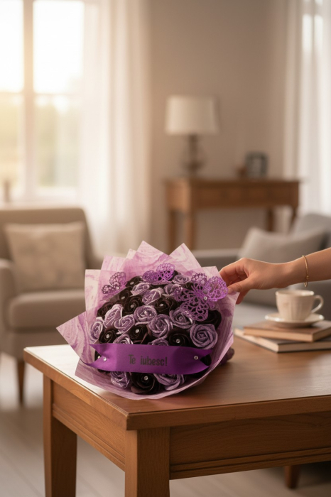 Buchet 35 de trandafiri din sapun marsalla inchis si lavanda [2]